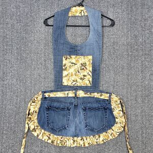 Handmade Upcycled Denim Apron Womens One Size Blue Jean Bib Long Ties Brid Print